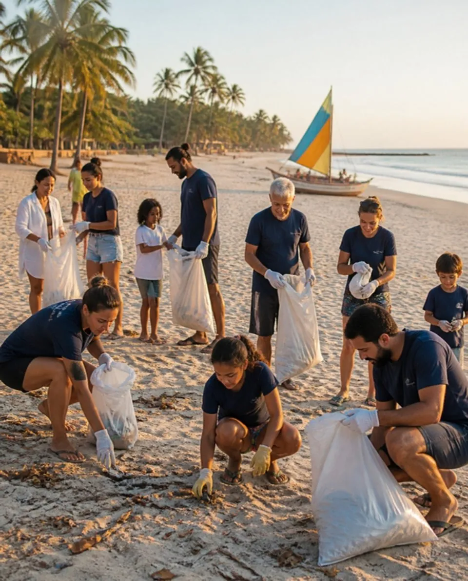 AI illustration: volunteers cleaning the beach at Praia da Baleia