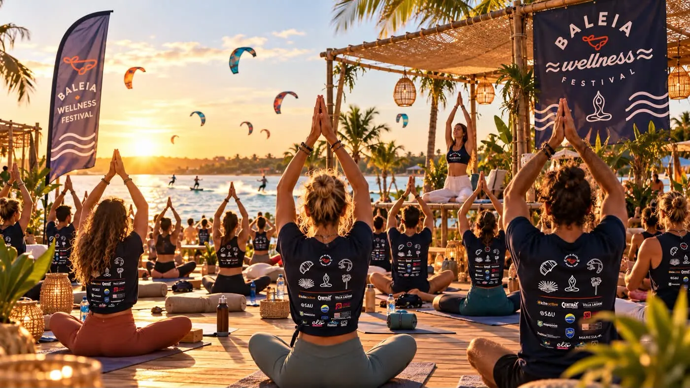 Sunrise yoga on a wooden deck by the lagoon, with kites in the sky