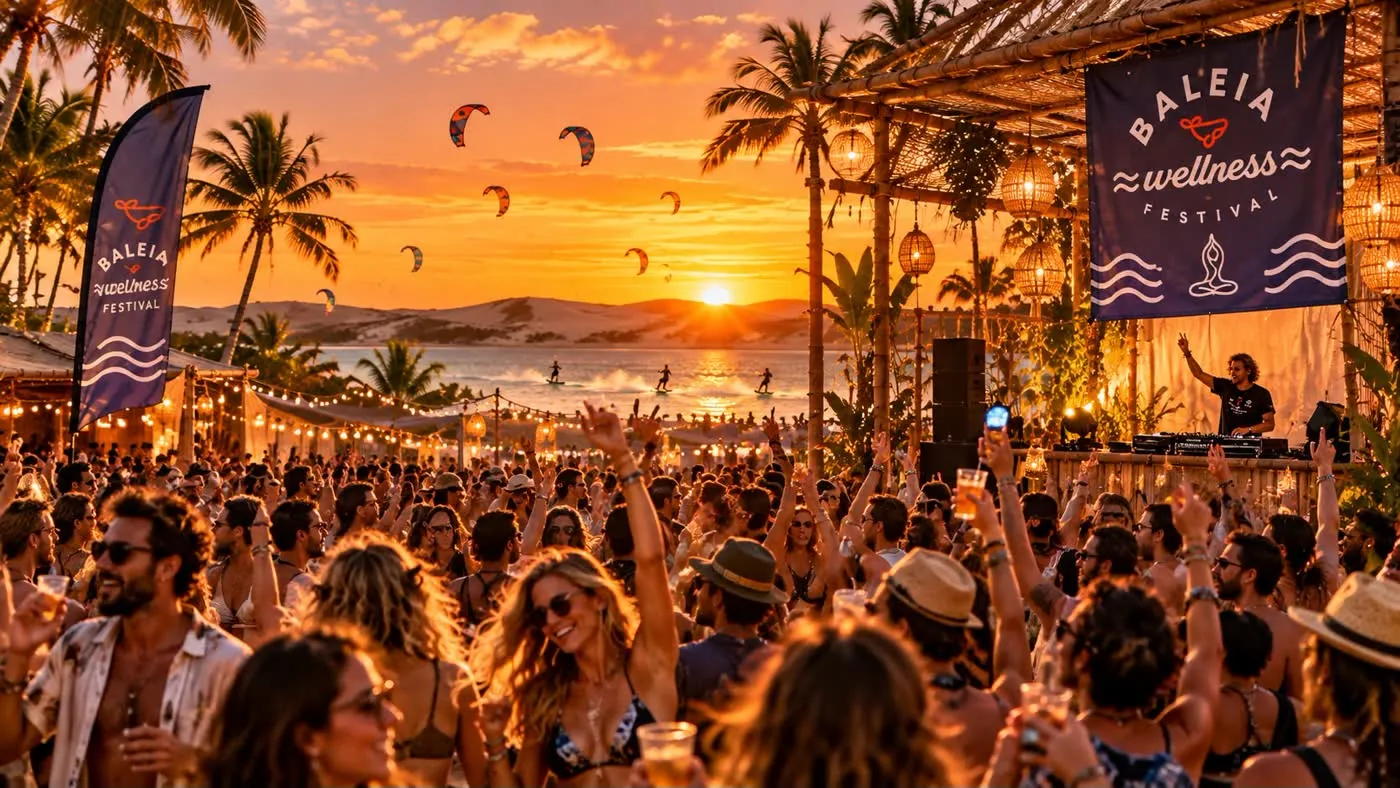 Crowd dancing at a sunset session on the beach in Praia da Baleia