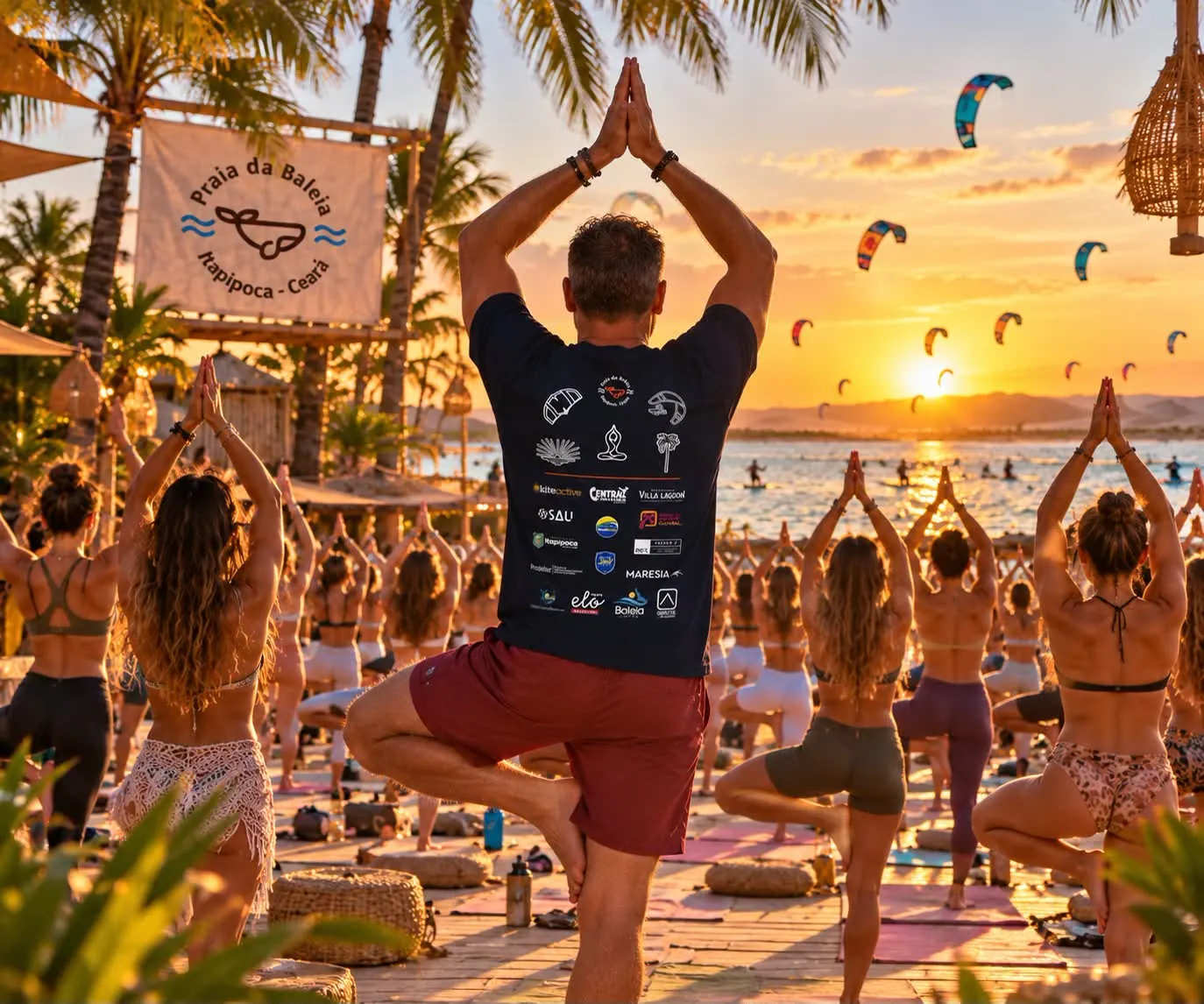 Group yoga in tree pose at sunset on the beach