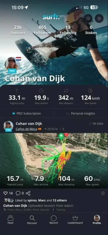 Surfr app: rider profile with highest jump and airtime